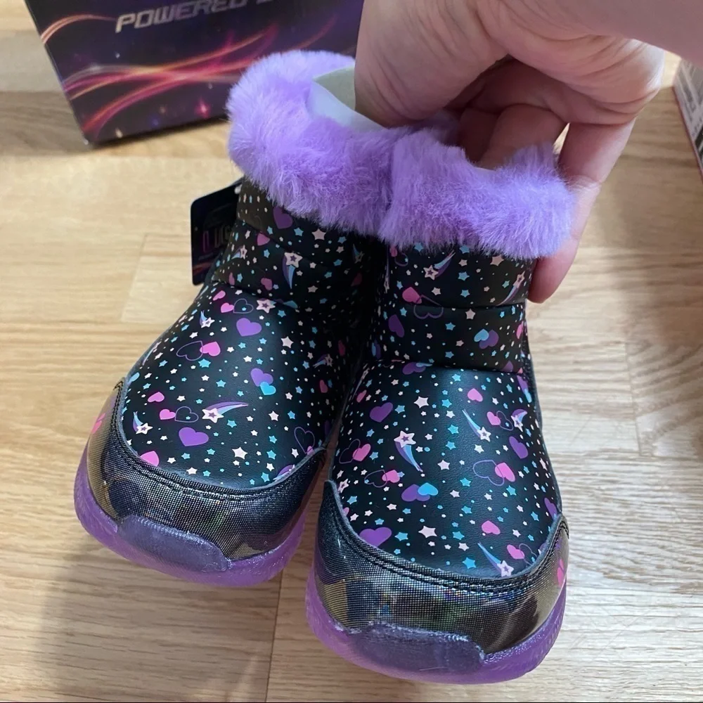 Skechers Water Repellant Light Up Winter Boots NEW Black Star Print 8 9